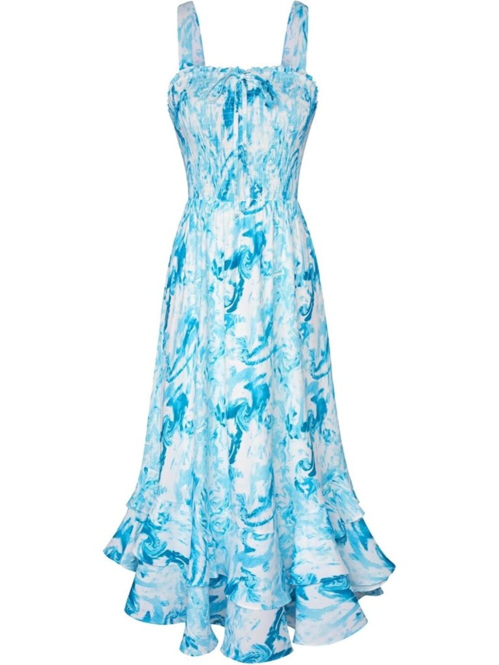 Women's Blue Ripple Square Neck Strapped A LINE Floral Boho Long Maxi Dress